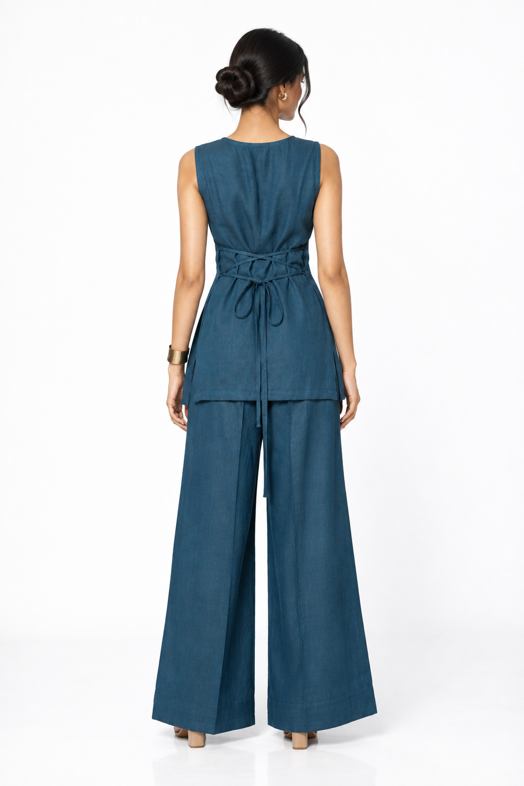 Neel Indigo Linen Tie Back Set for Women – Full Back View