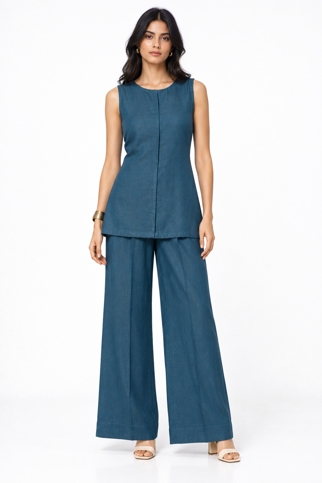 Neel Indigo Linen Tie Back Set for Women – Front View