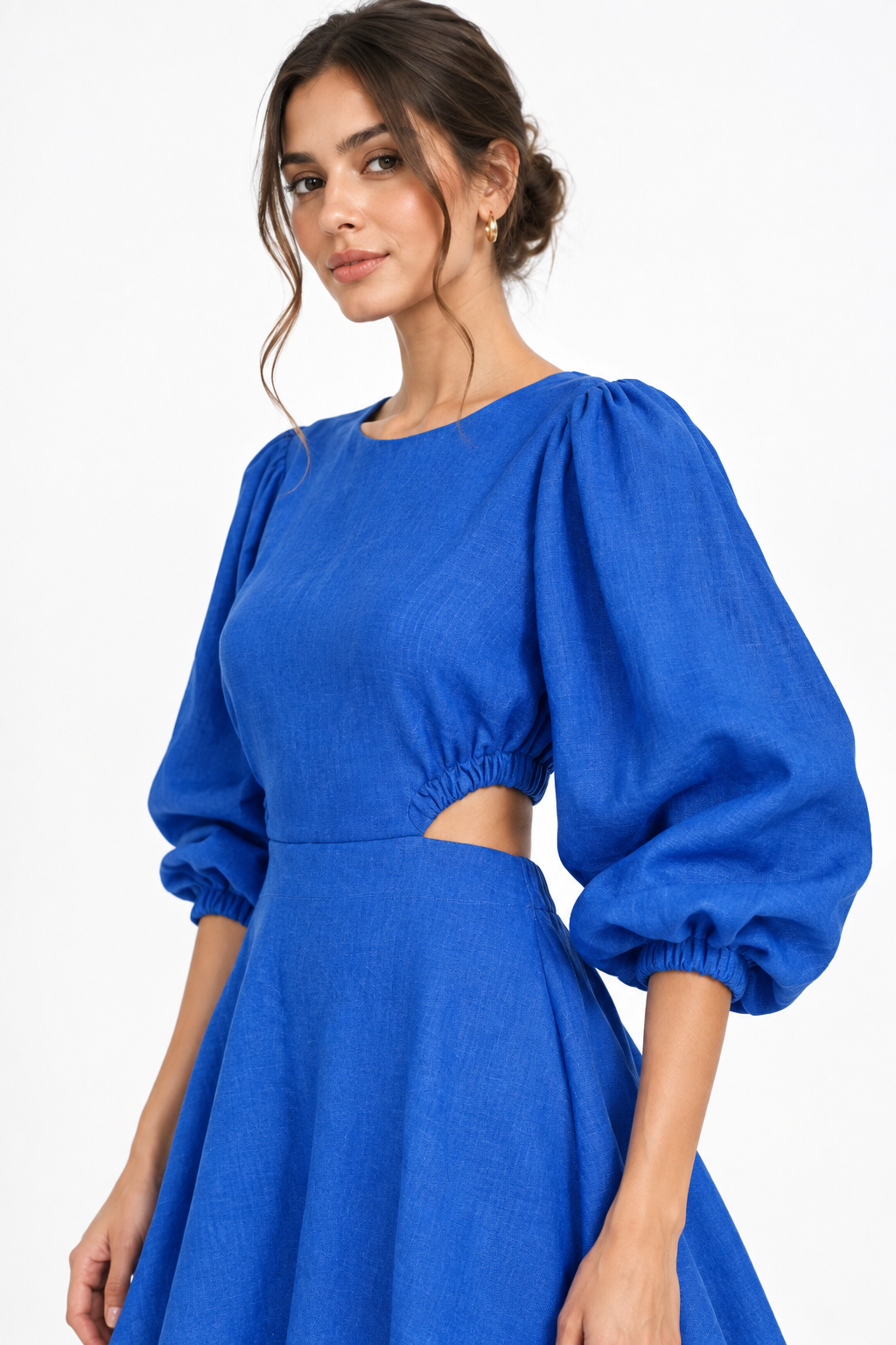 Neelambar cobalt blue linen mini dress for women front pose