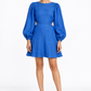 Neelambar linen dress for women in cobalt blue with puff sleeves front view