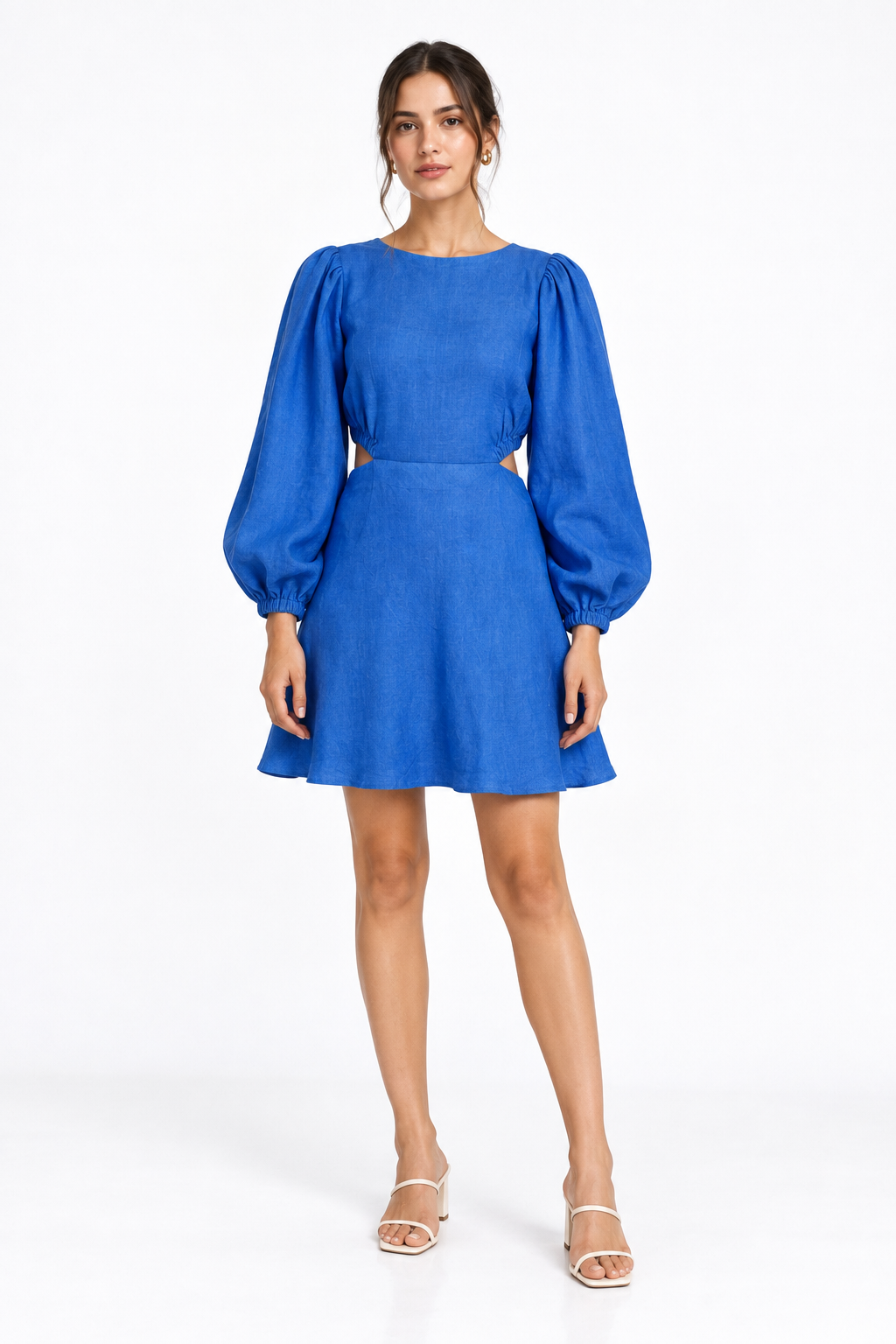 Neelambar linen dress for women in cobalt blue with puff sleeves front view