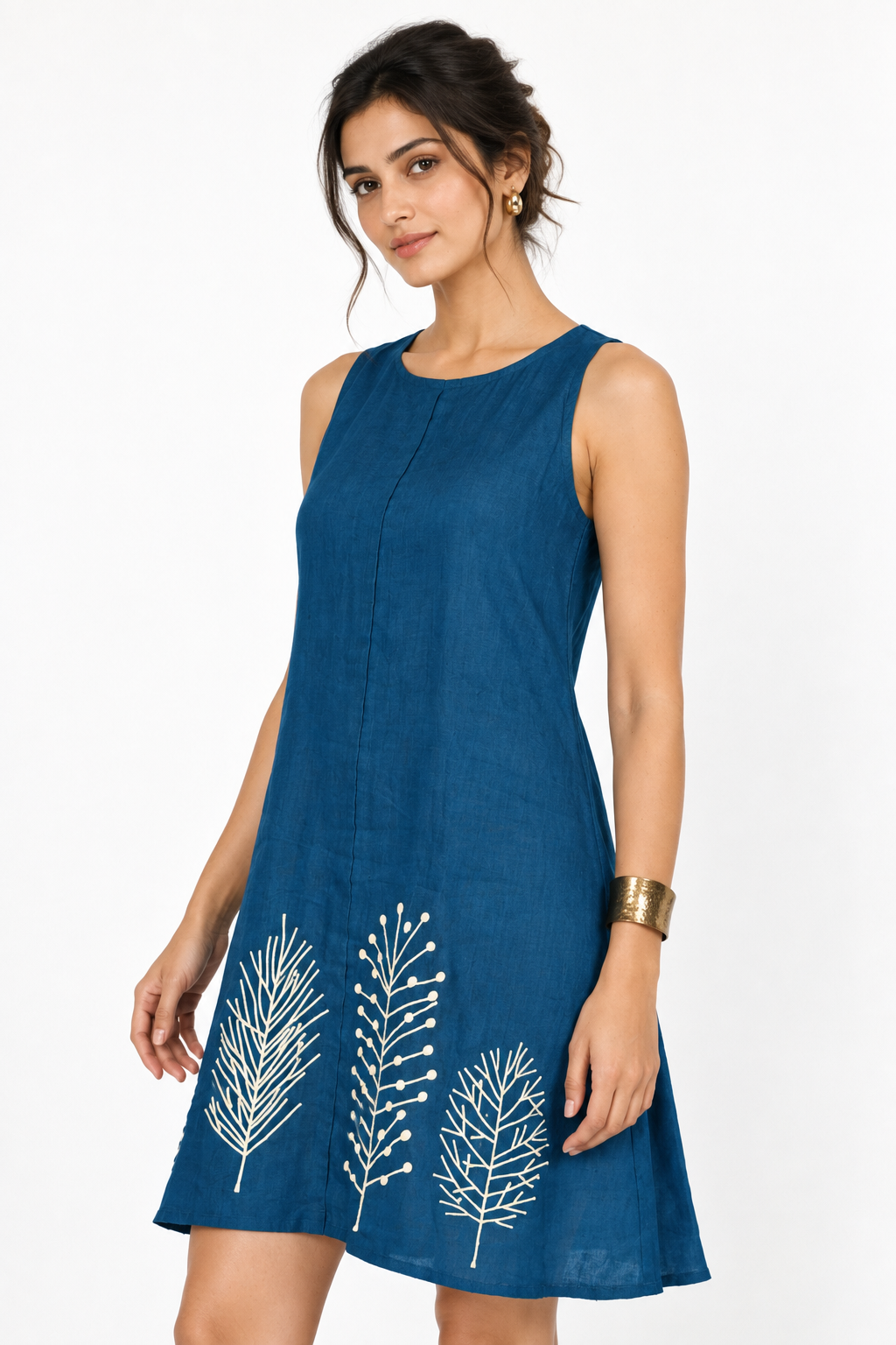 Neelhar A-Line Linen Dress for Women 45 degree view in deep teal linen