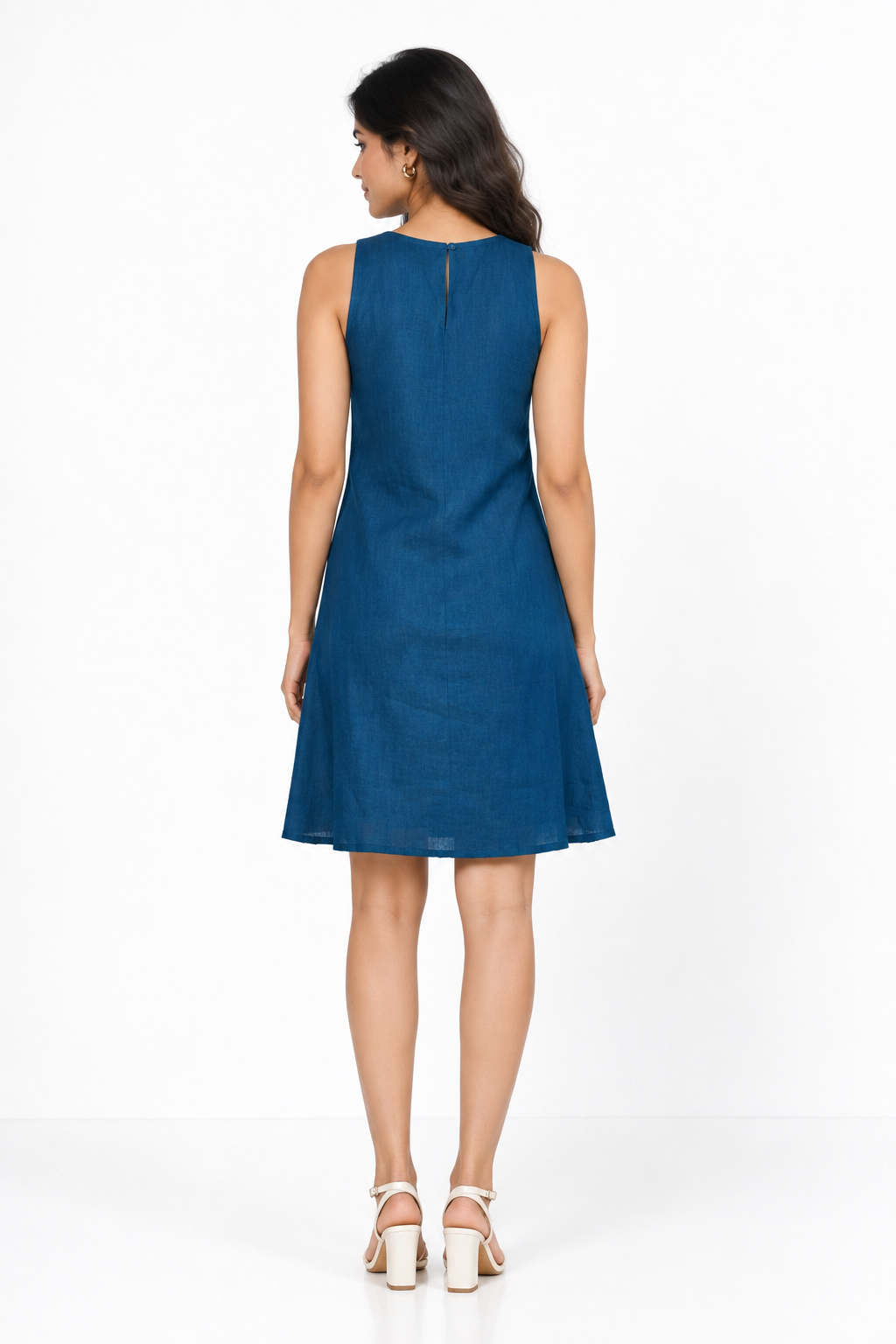 Neelhar A-Line Linen Dress for Women back view in deep teal linen