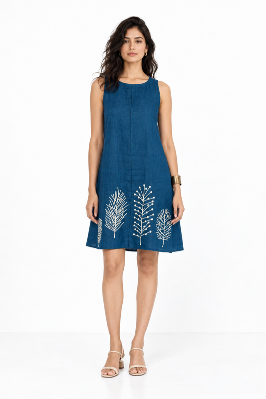 Neelhar A-Line Linen Dress for Women in deep teal with botanical embroidery