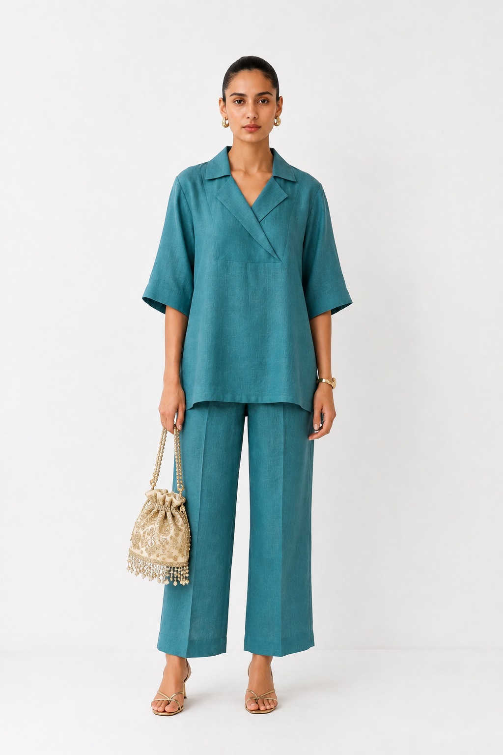 Nivara teal linen set for women front view