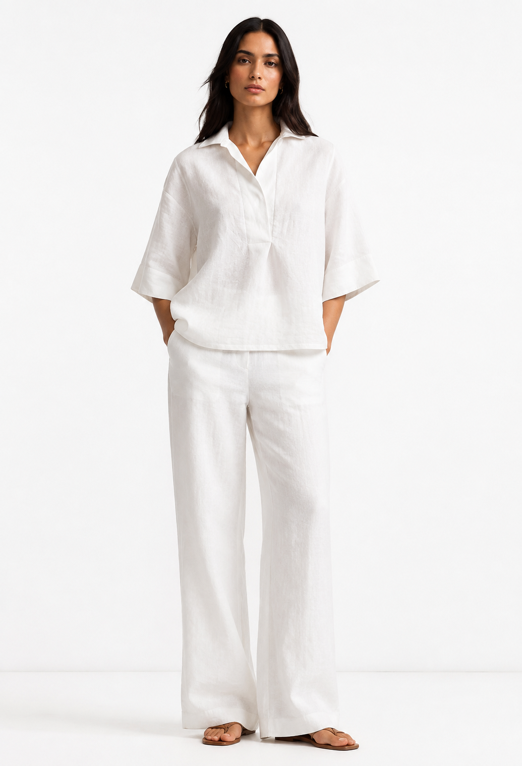 Noor Safa white linen set for women front view