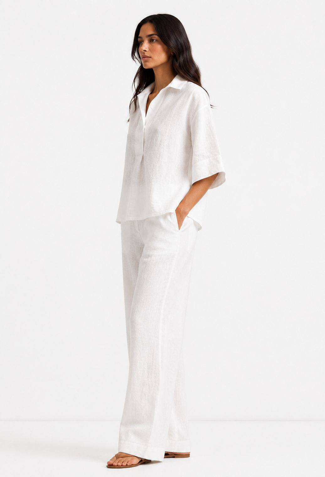 Noor Safa white linen set for women side view