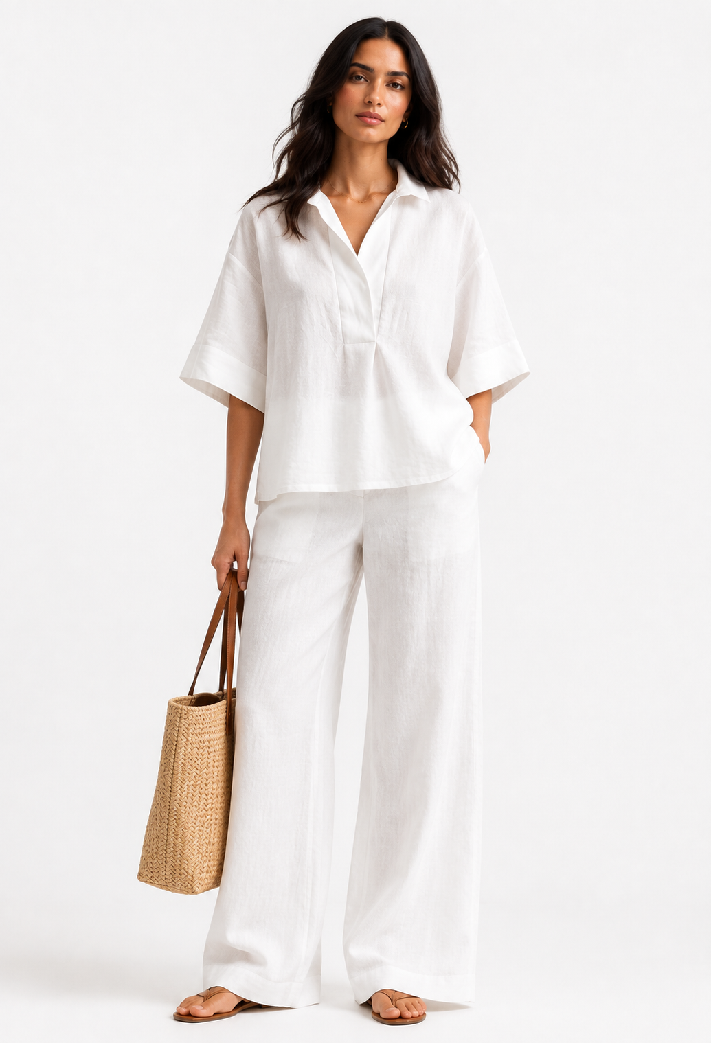 Noor Safa ivory linen set for women styled with woven bag