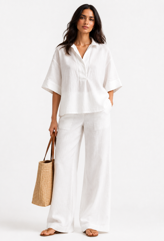 Noor Safa ivory linen set for women styled with woven bag