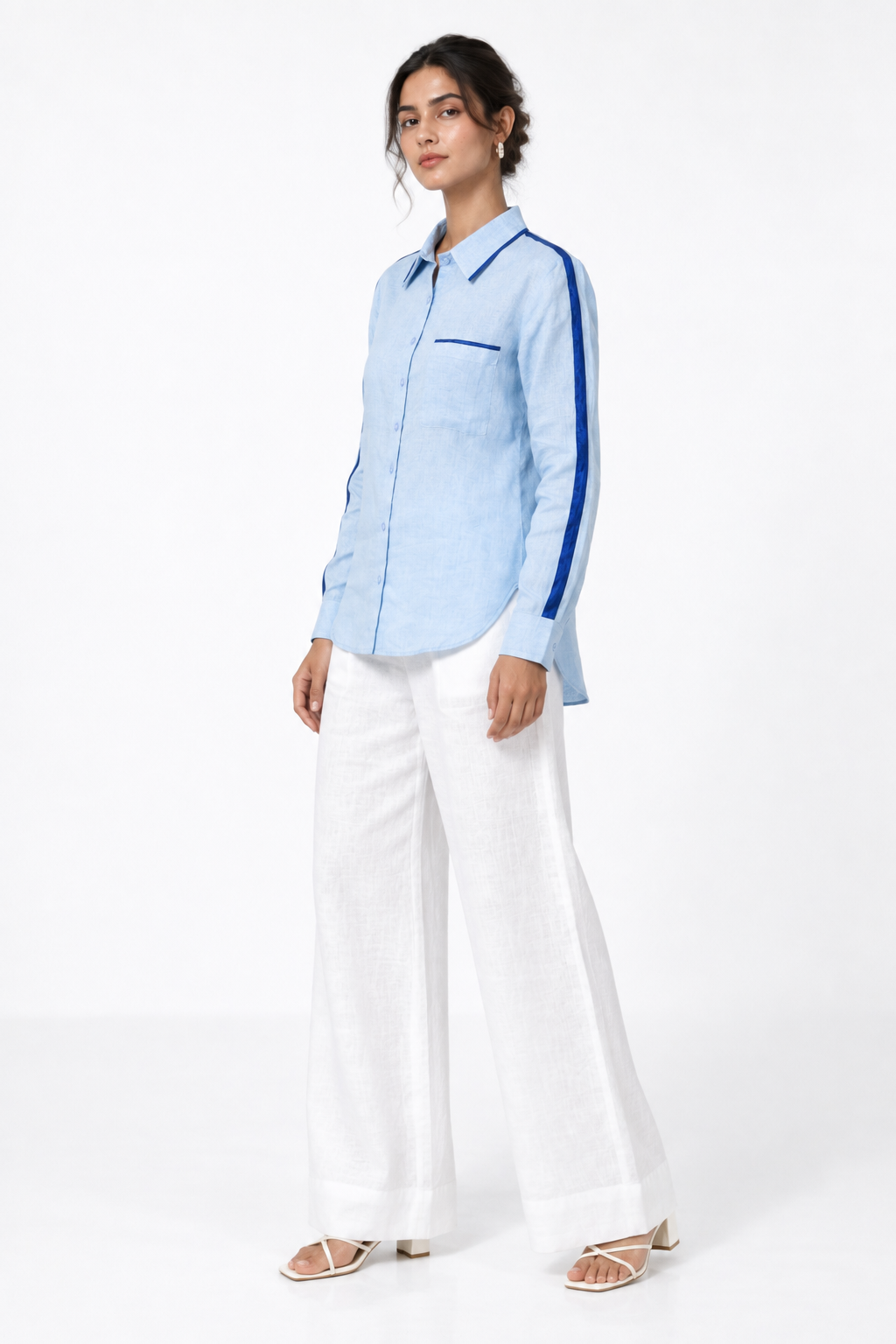 Ocean blue women’s linen shirt with satin detailing 45-degree view