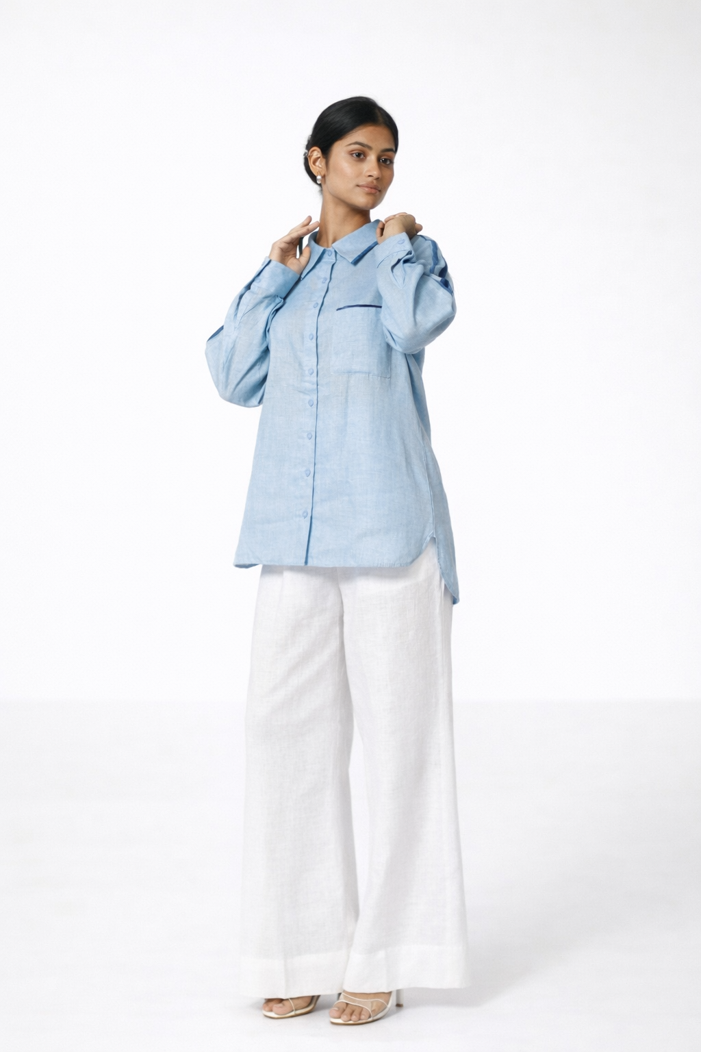 Ocean Blue Linen Shirt with Contrast Satin Piping – Women’s Linen Top