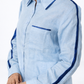 Ocean Blue Linen Shirt with Satin Detailing – Women’s Linen Shirt Closeup View
