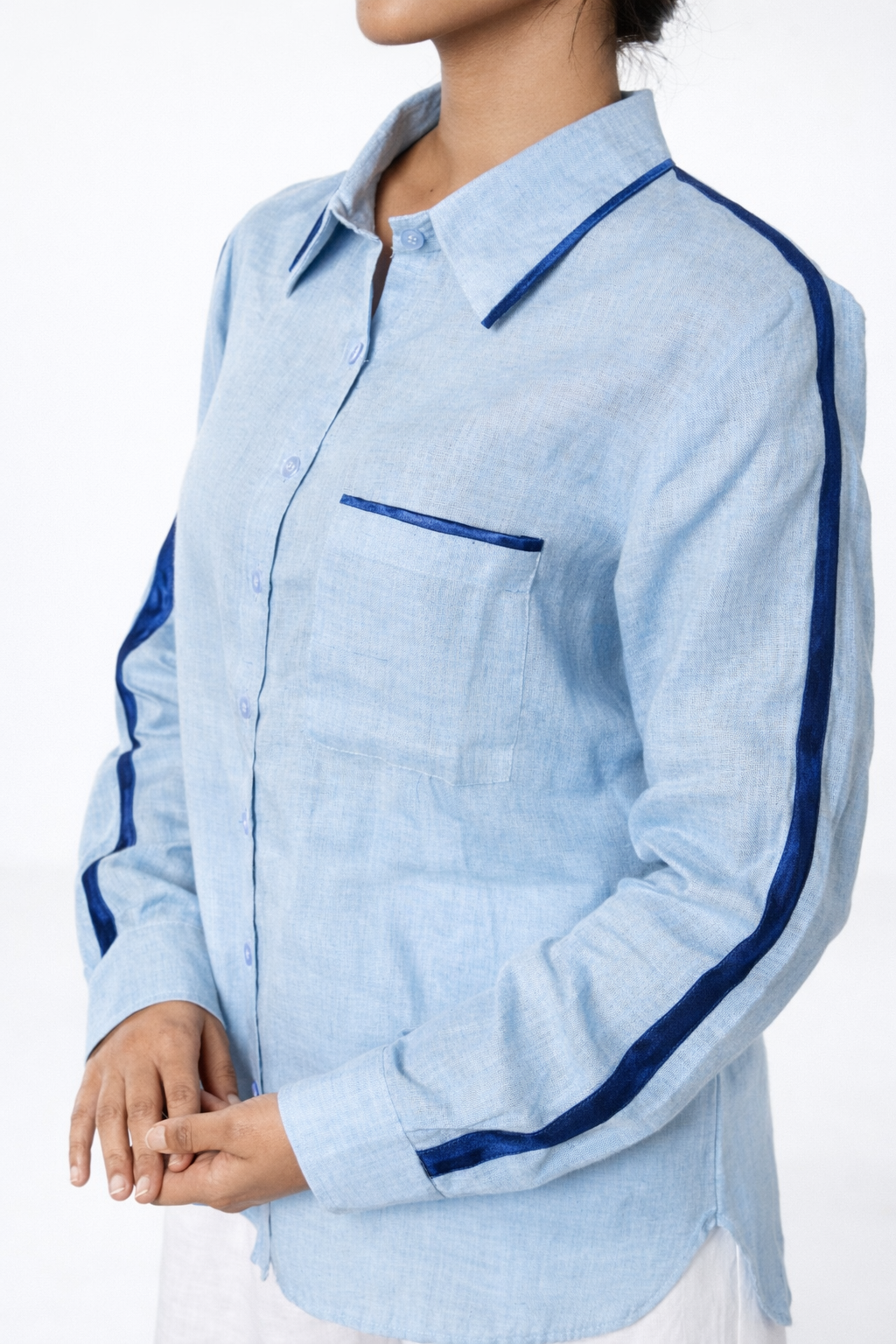 Ocean Blue Linen Shirt with Satin Detailing – Women’s Linen Shirt Closeup View