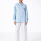 Ocean Blue Linen Shirt with Satin Detailing – Women’s Linen Shirt Front View