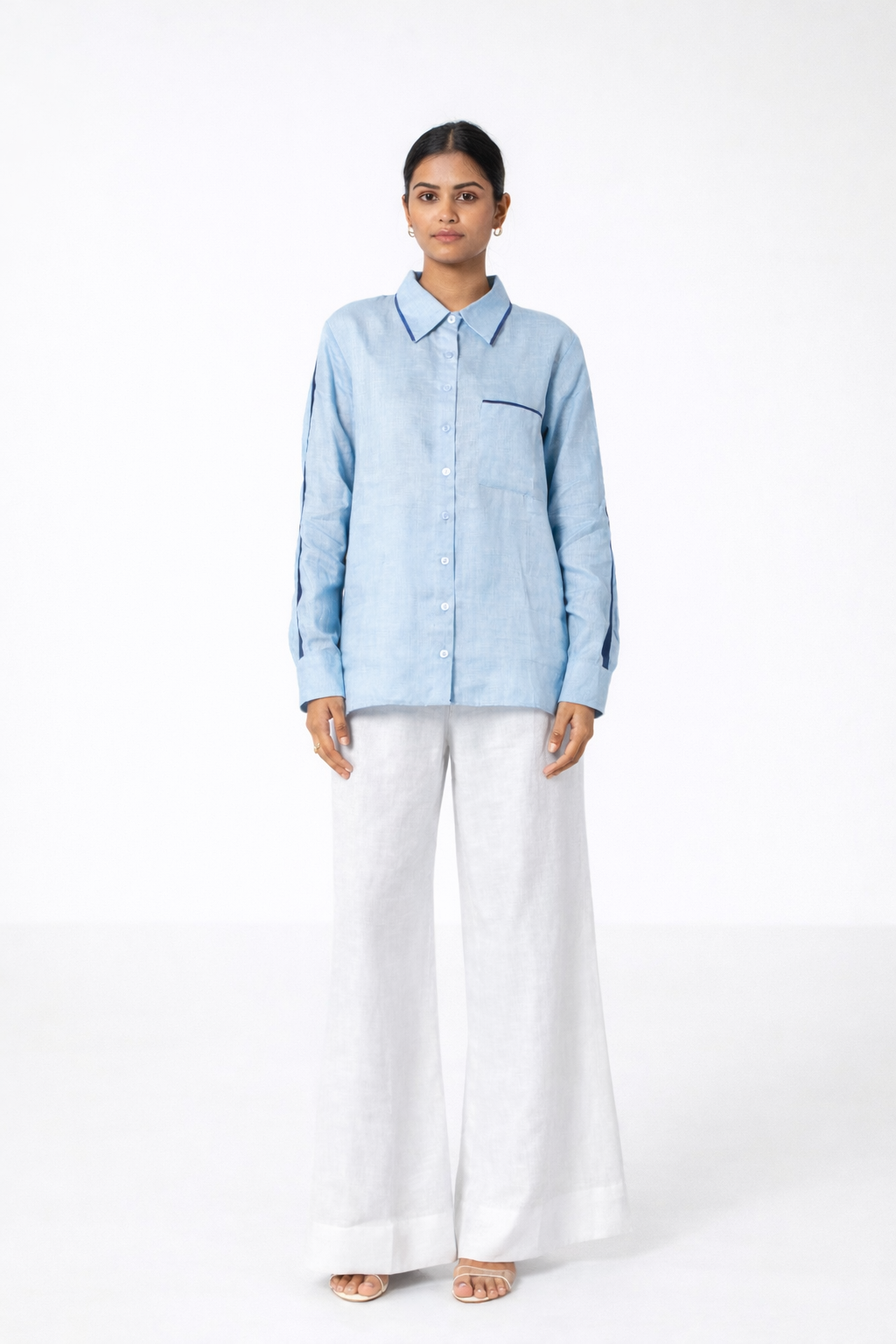 Ocean Blue Linen Shirt with Satin Detailing – Women’s Linen Shirt Front View