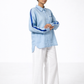 Ocean Blue Linen Shirt with Satin Detailing – Women’s Linen Shirt Side View
