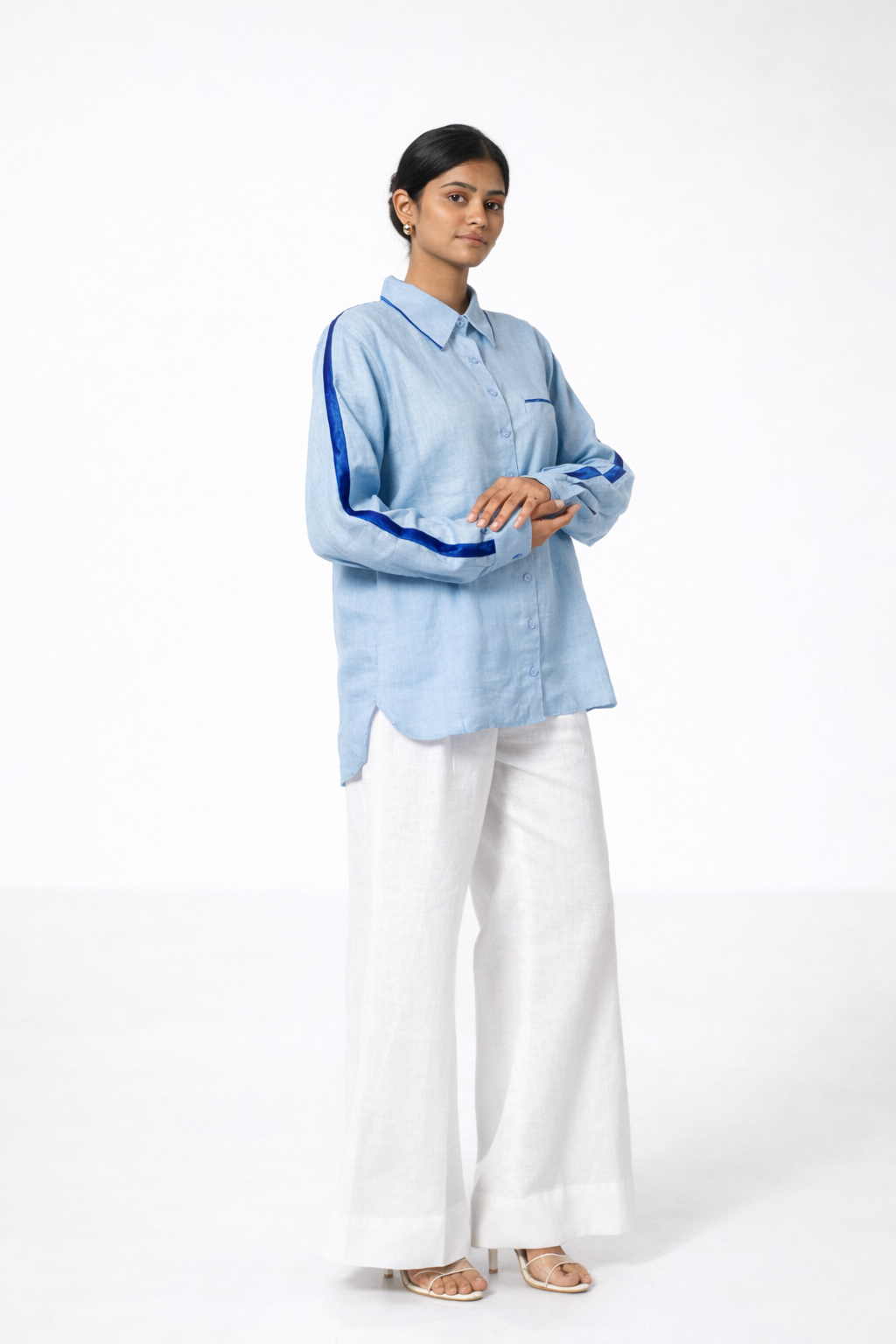 Ocean Blue Linen Shirt with Satin Detailing – Women’s Linen Shirt Side View