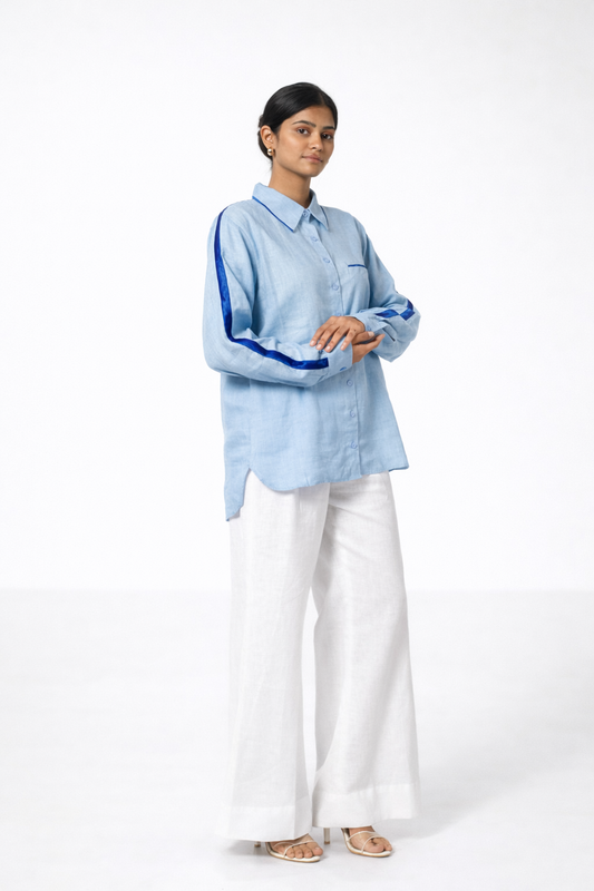 Ocean Blue Linen Shirt with Satin Detailing – Women’s Linen Shirt Side View