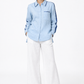 Women’s ocean blue linen shirt with contrast satin sleeve detailing
