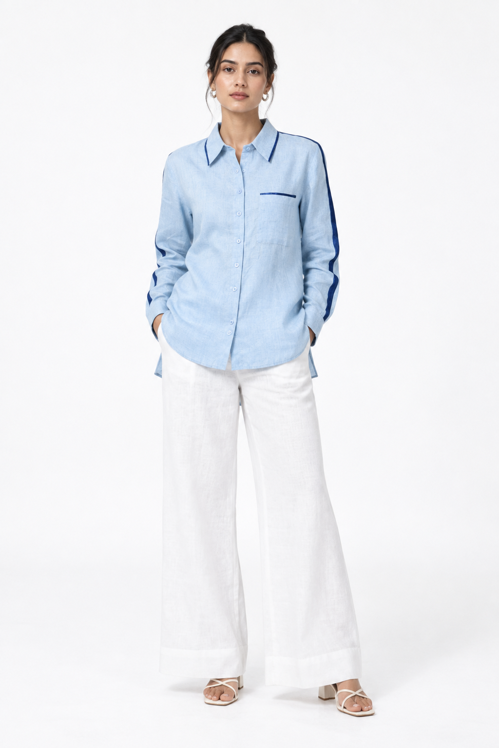 Women’s ocean blue linen shirt with contrast satin sleeve detailing