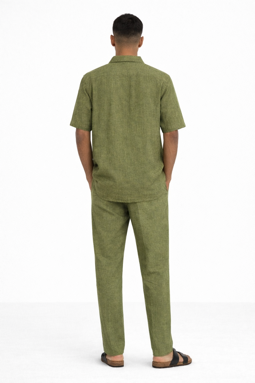 Back view of men’s olive green linen co-ord set