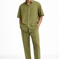 Olive green linen half sleeve shirt and pants set for men – front view