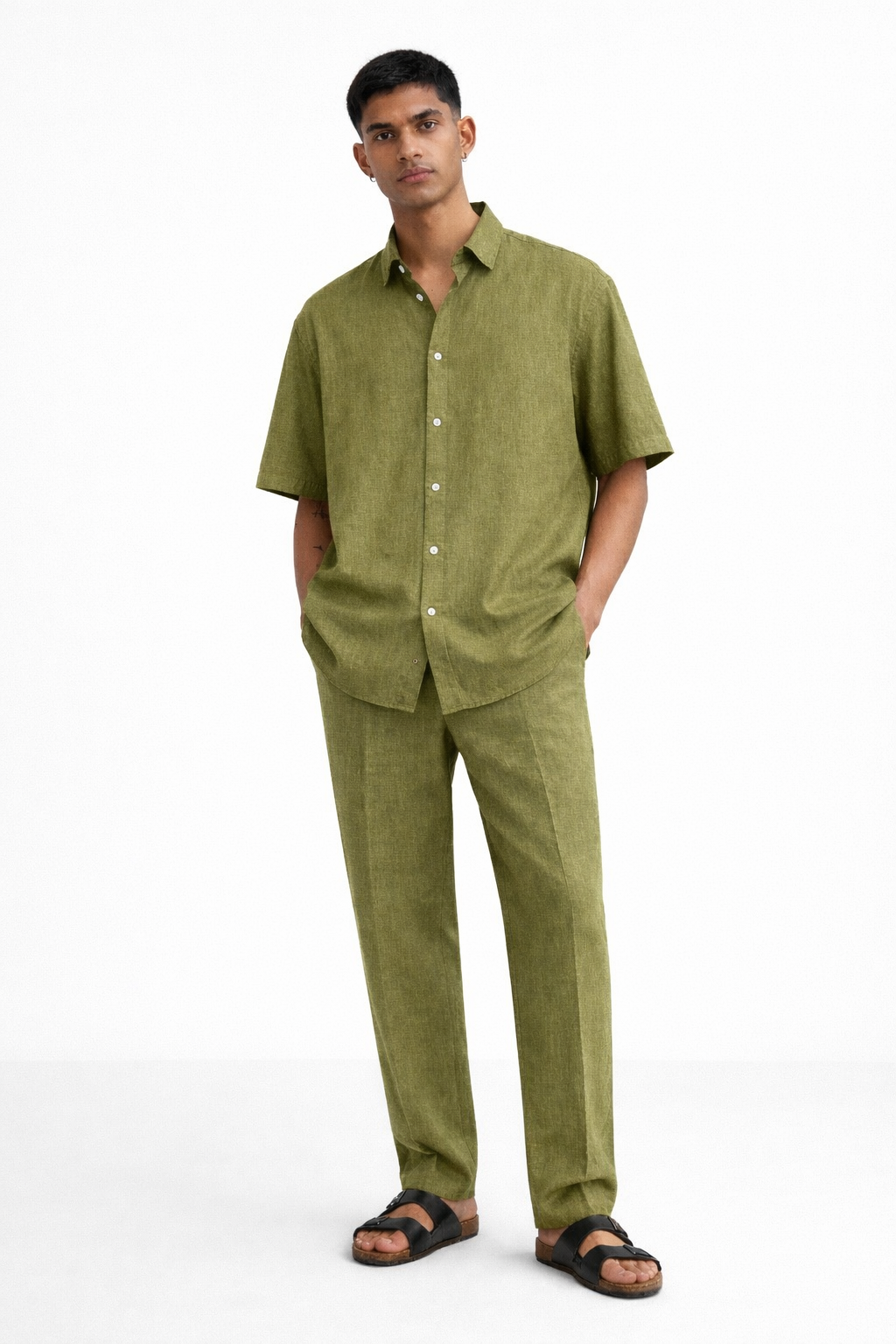 Olive green linen half sleeve shirt and pants set for men – front view