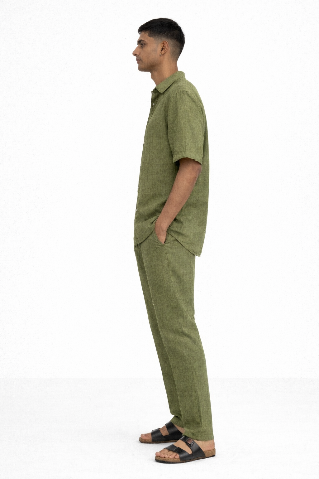 Side view of olive green linen shirt and pants set for men