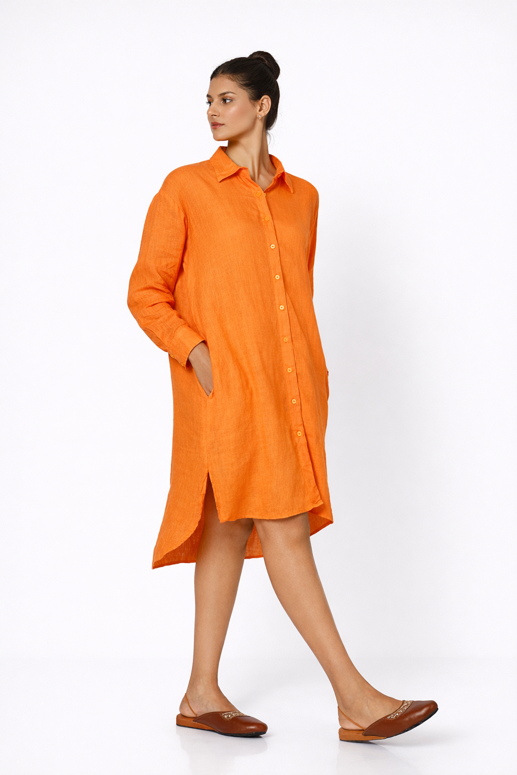 Orange Linen Shirt Dress – Women’s Casual Linen Outfit