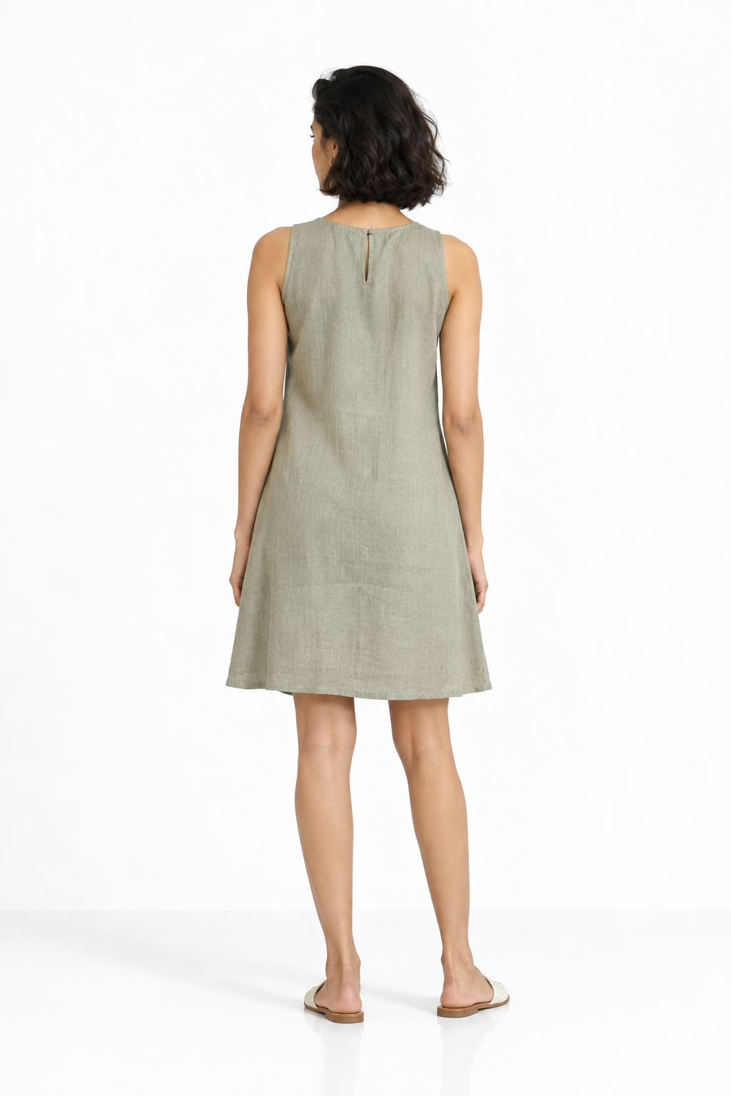 Palash A-Line linen dress for women back view in sage green linen