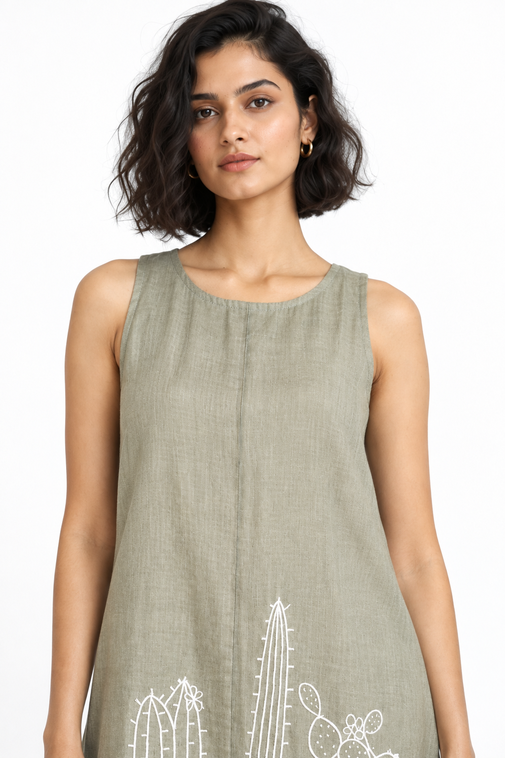 Palash A-Line linen dress for women close-up showing linen texture and cactus embroidery
