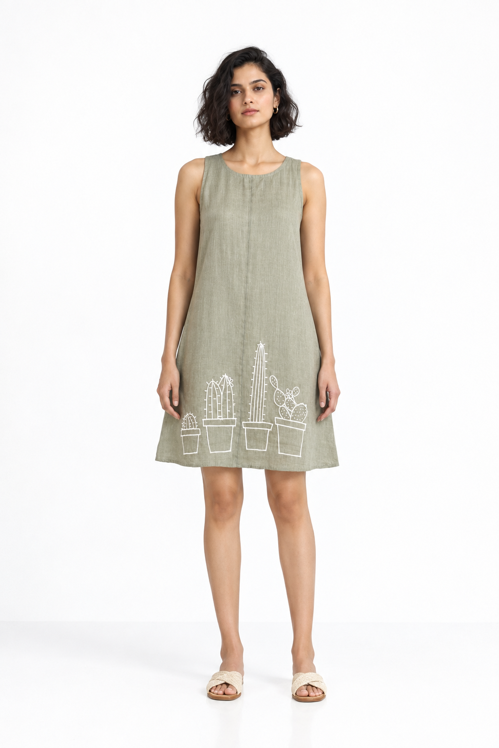 Palash A-Line linen dress for women in sage green with cactus embroidery