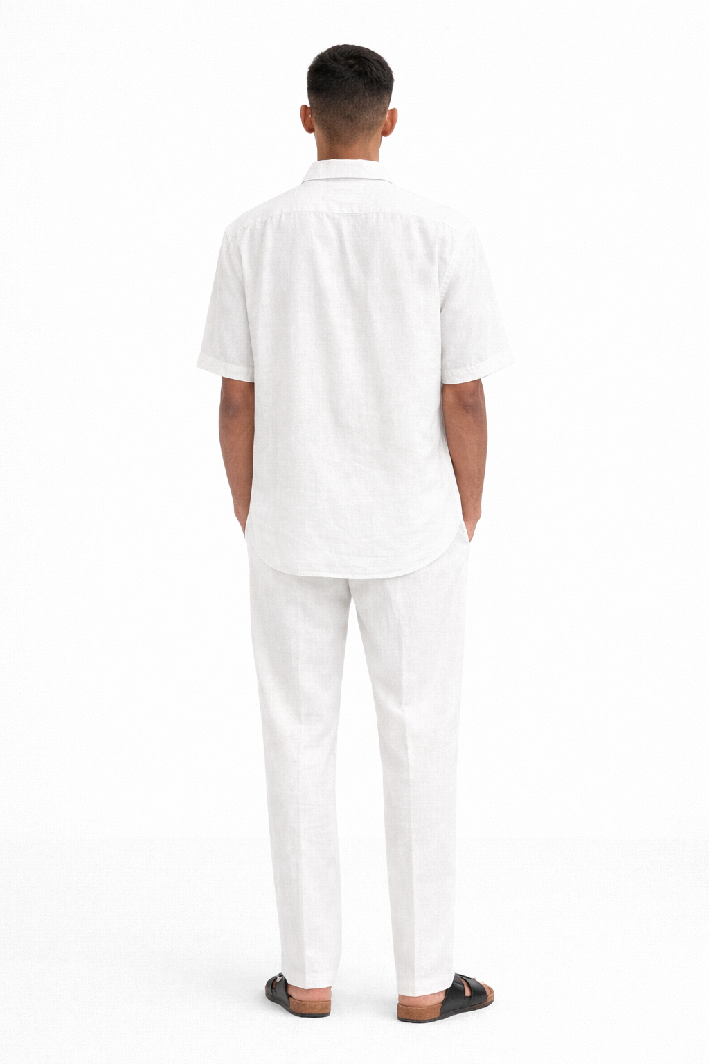 Back view of pearl white linen shirt and pants set for men