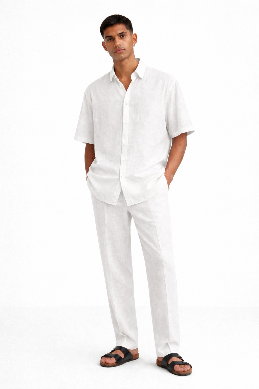 Pearl white linen half sleeves shirt and pants set for men – front view