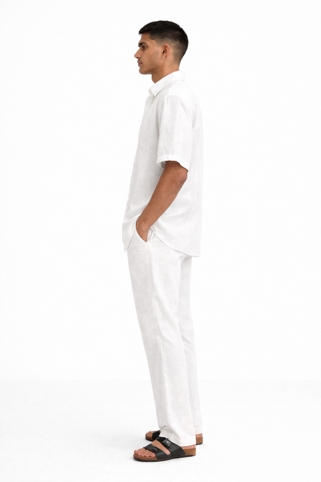 Side view of pearl white linen half sleeves shirt and pants for men