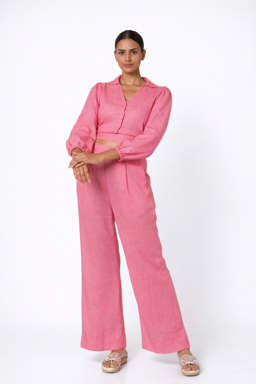 Pink Linen Set Styled Outfit — Rosa Linen Tie Back Set for Women