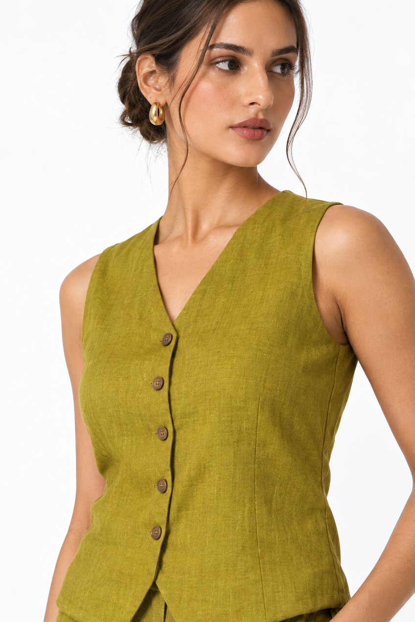 Piyari olive green linen co-ord set for women back view