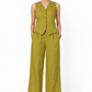 Piyari olive green linen vest and wide leg pants set for women