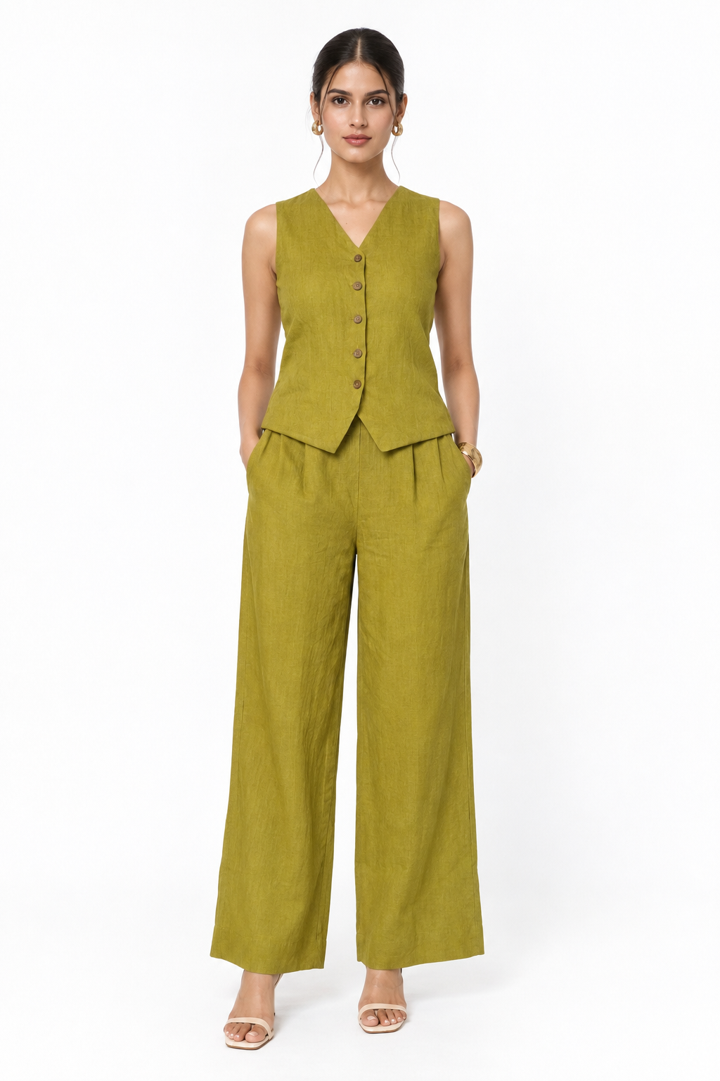 Piyari olive green linen vest and wide leg pants set for women