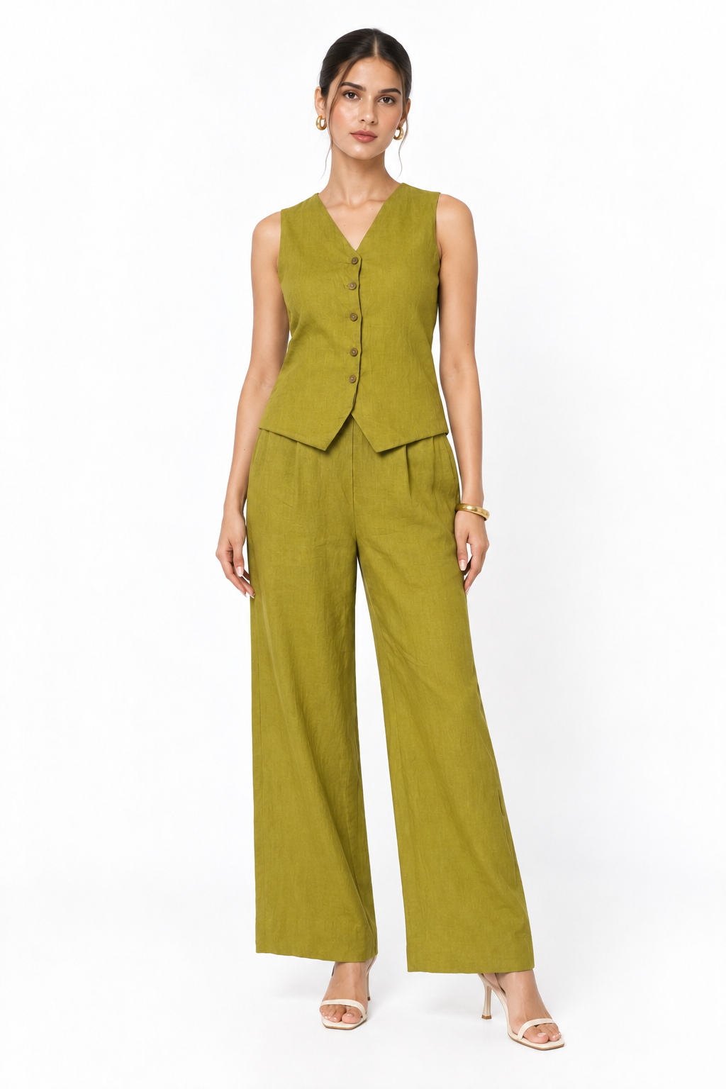 Piyari linen vest set for women in olive green