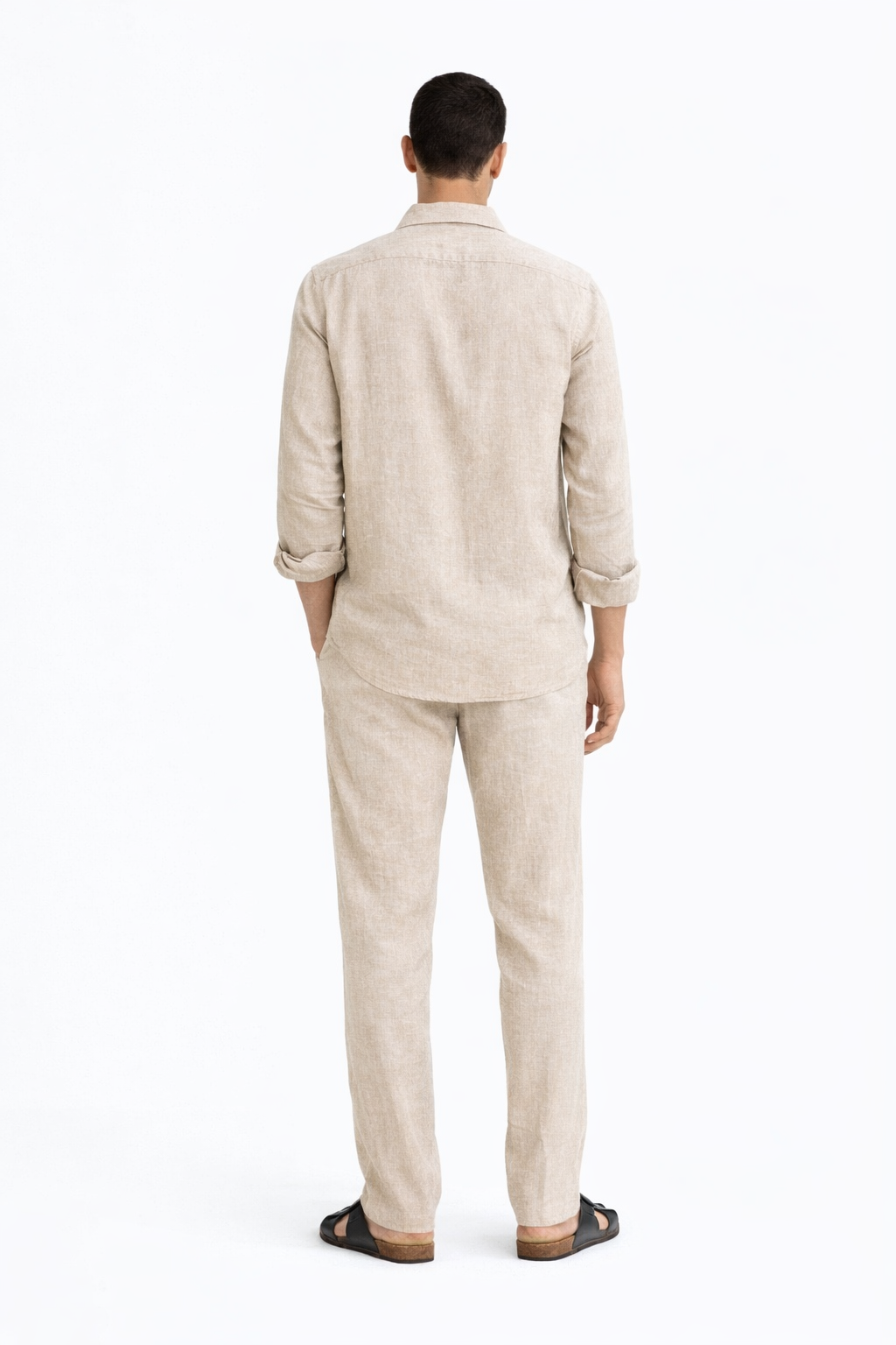 Back view of Prakrit pure linen set for men in undyed natural linen