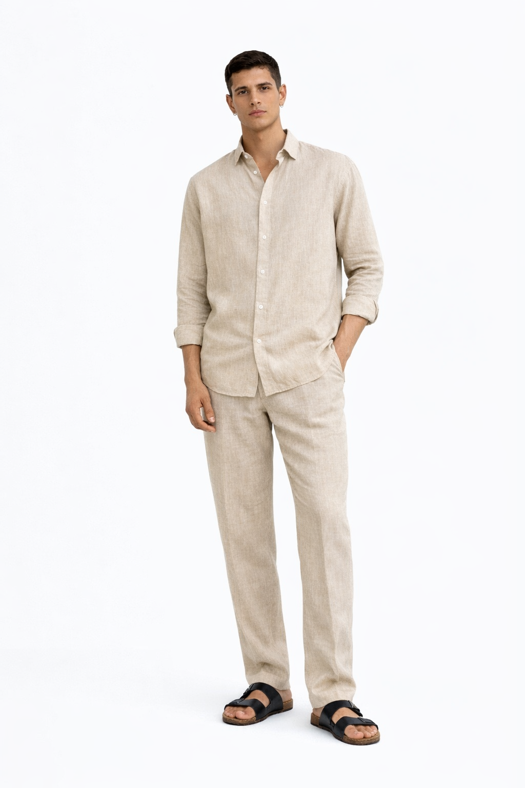 Men wearing Prakrit pure undyed linen shirt and trousers – front view