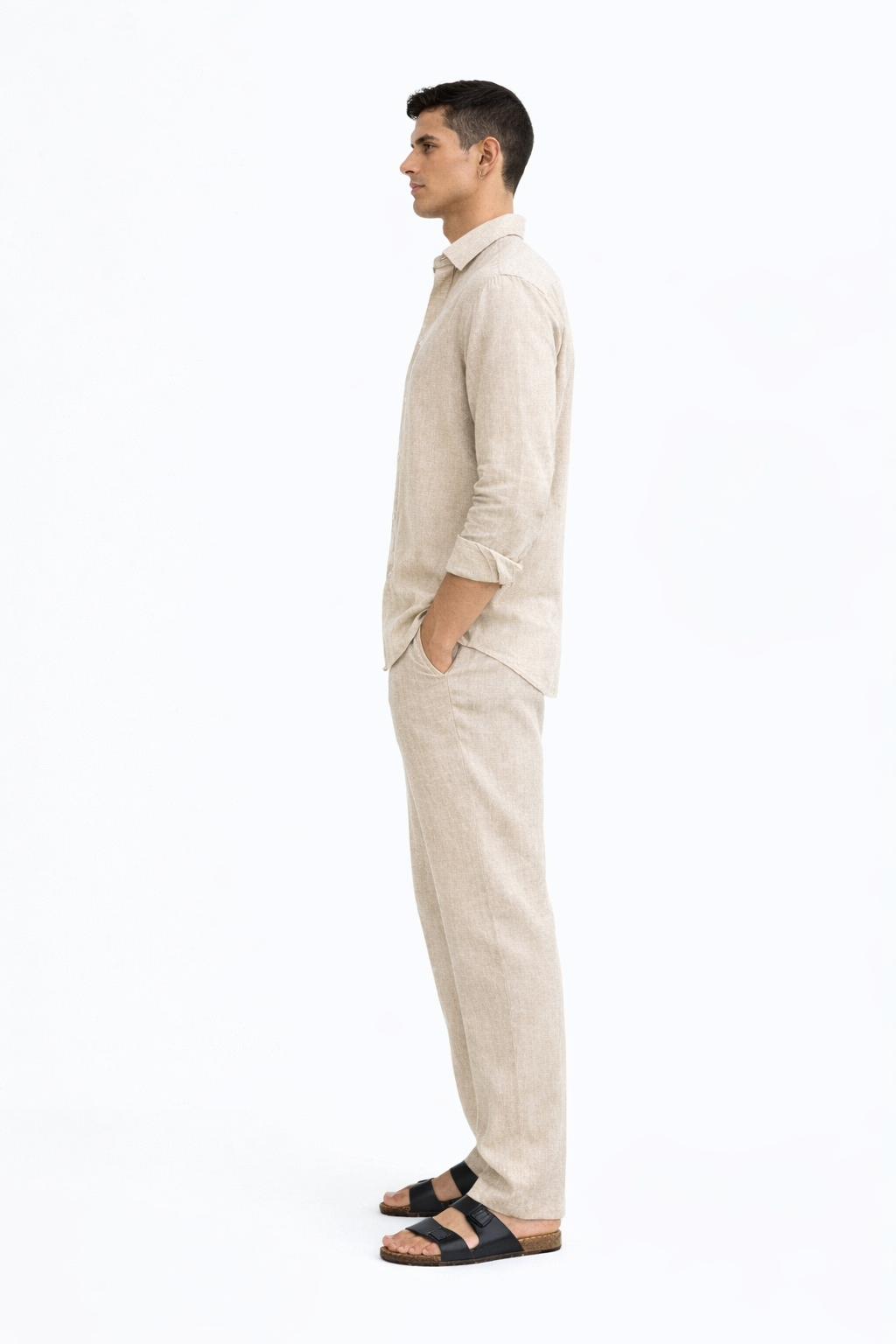 Side view of men’s Prakrit undyed linen co-ord set in natural linen
