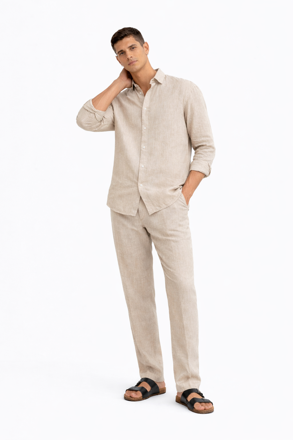 Men wearing Prakrit pure undyed linen shirt and trousers – styled
