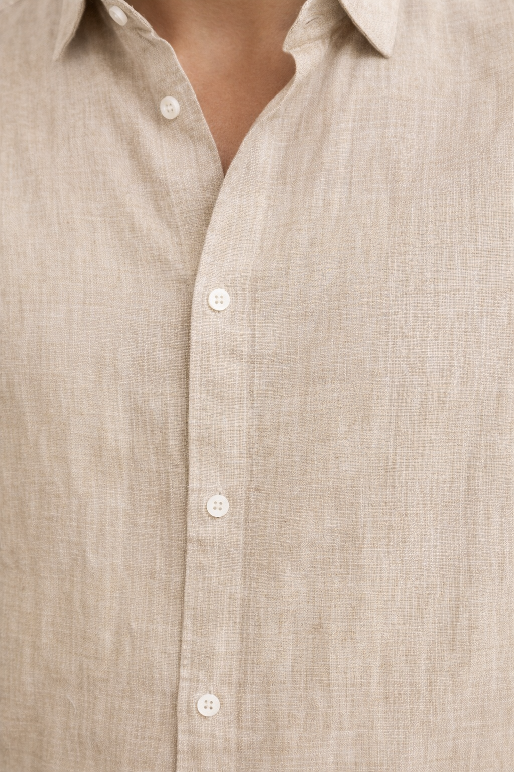 Close-up of undyed pure linen fabric texture on Prakrit men’s shirt