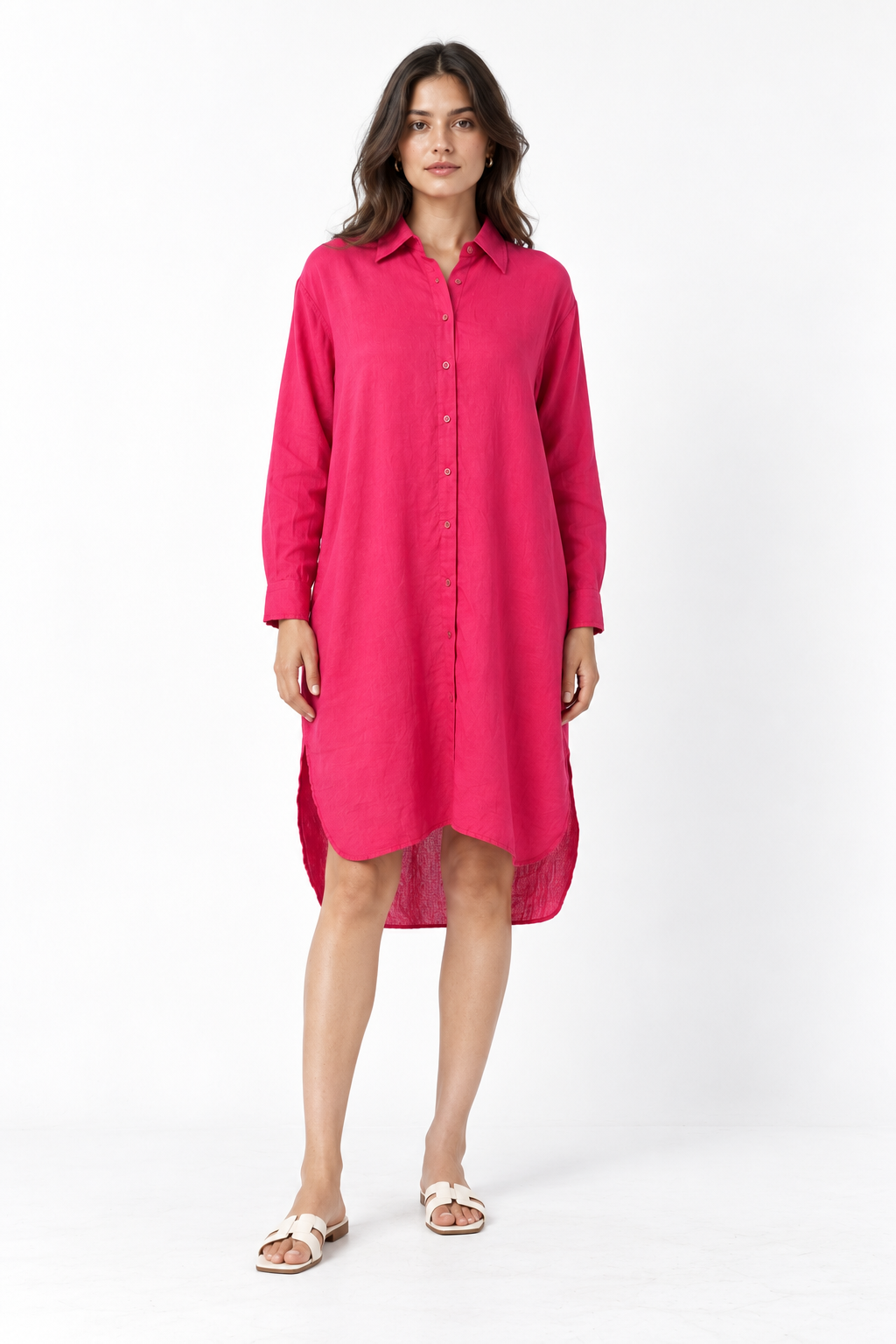 Rajmala women's pink linen shirt dress with hands at sides