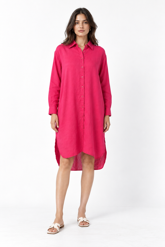 Rajmala women's pink linen shirt dress with hands at sides