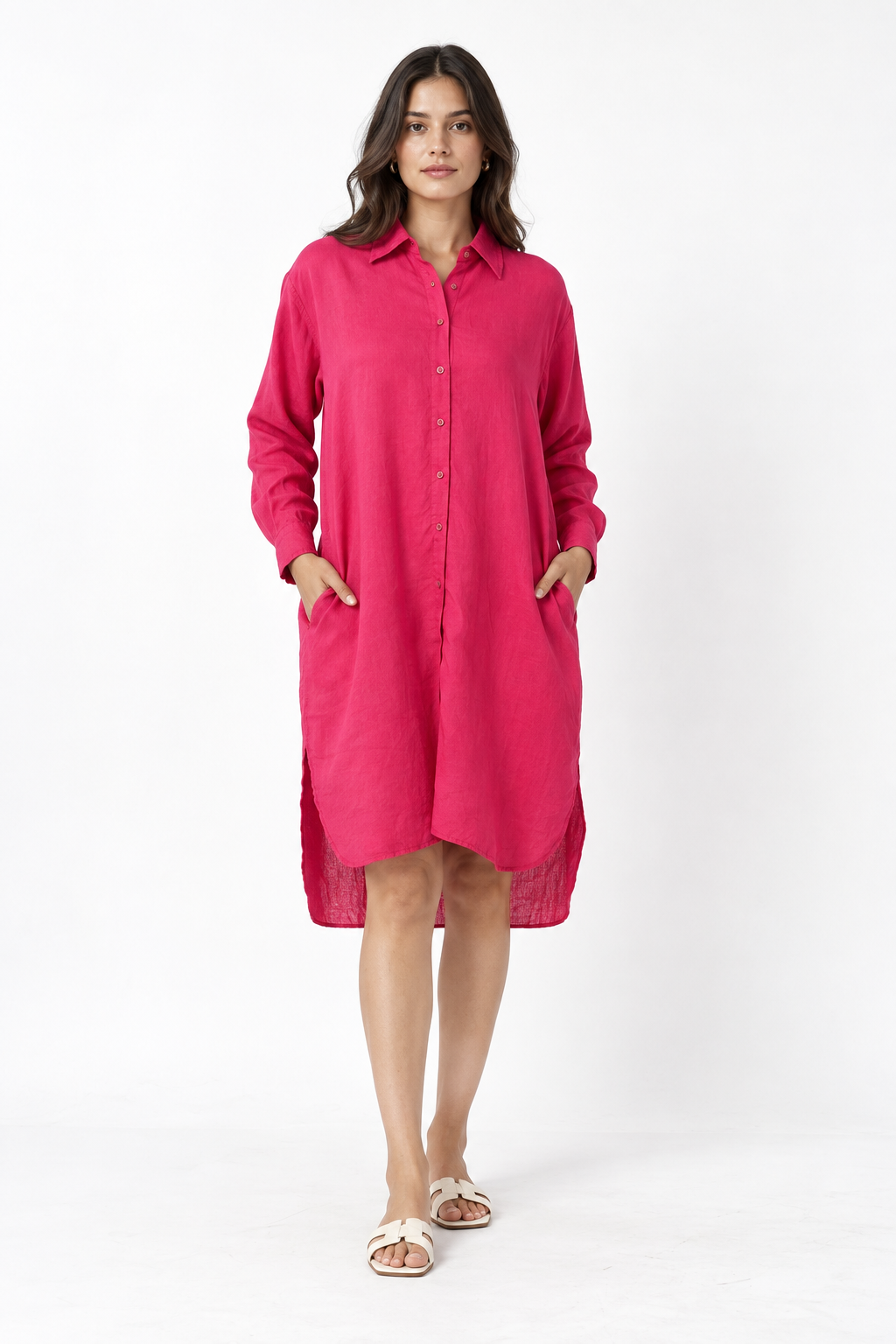 Rajmala women's pink linen shirt dress front view