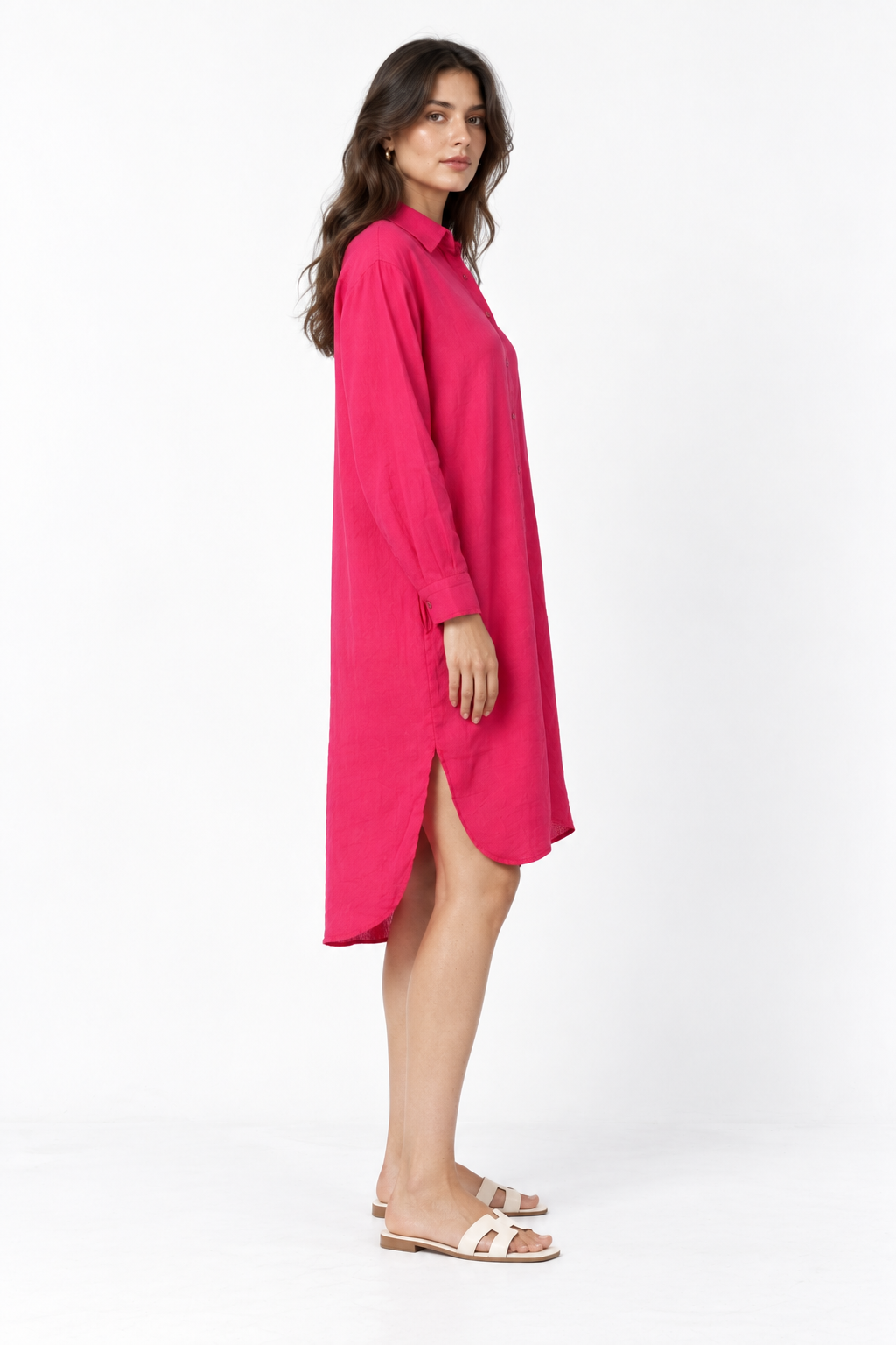 Rajmala women's pink linen shirt dress side view