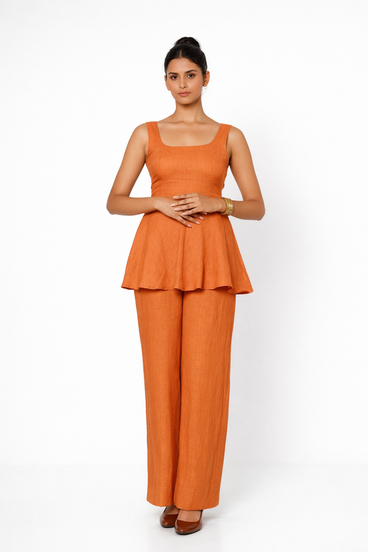 Rajtima Linen Peplum Set – Women’s Stylish Linen Outfit Set Front View